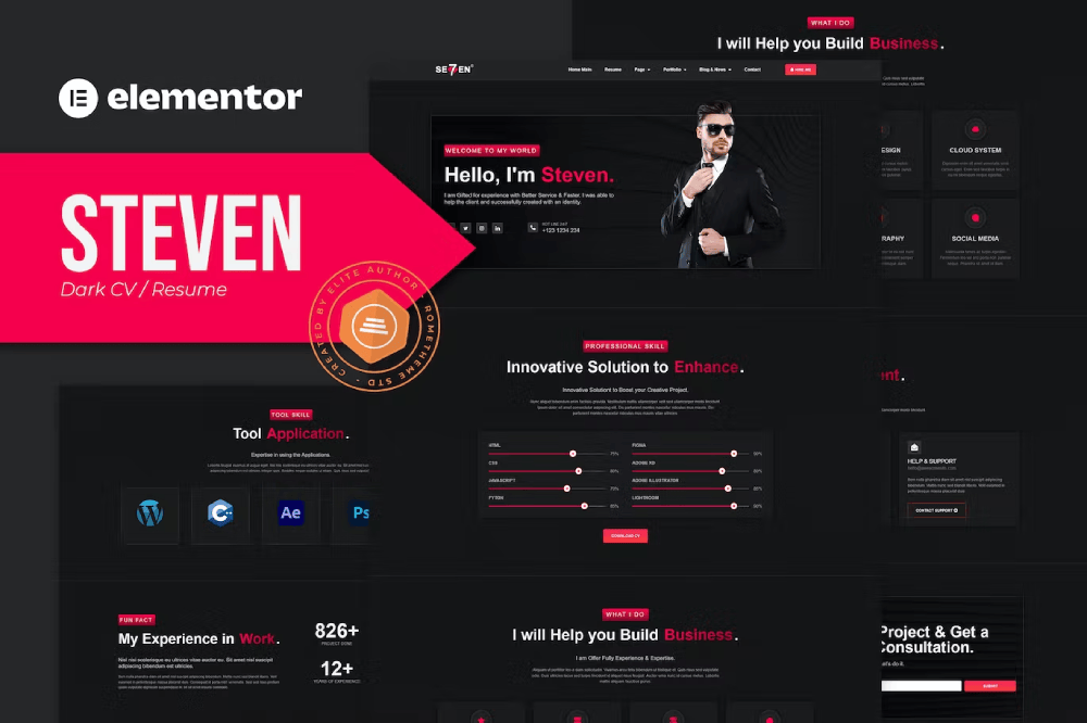 Steven – Dark CV/Resume Elementor Template Kit