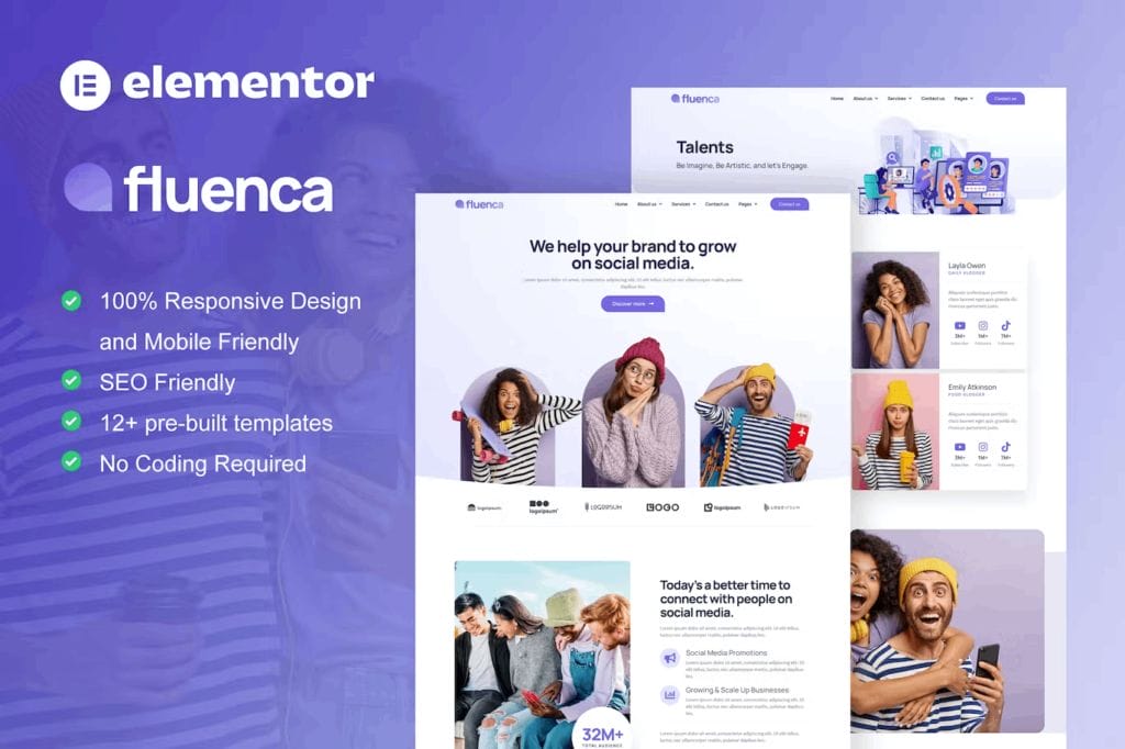 Fluenca – Social Media Agency Elementor Pro Full Site Template Kit